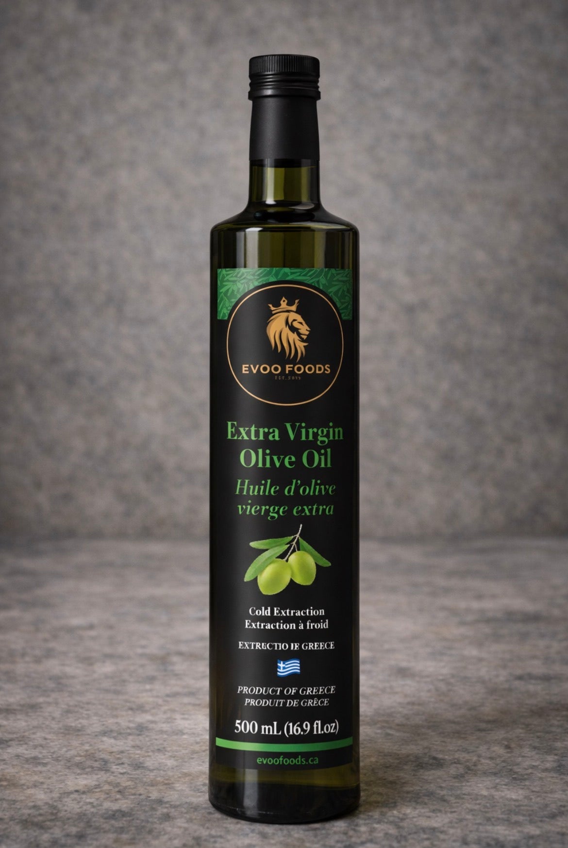 Bottle of EVOO Foods Extra Virgin Olive Oil on a gray background