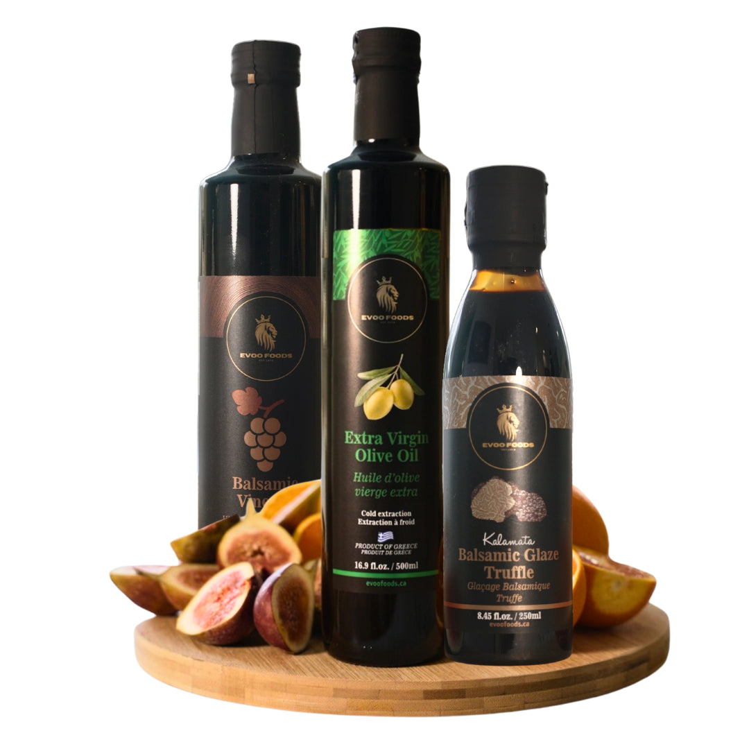 Trio Pack – EVOO Foods Extra Virgin Olive Oil, Balsamic Vinegar (500ml), & Balsamic Glazes (Choose from 6 Flavours)