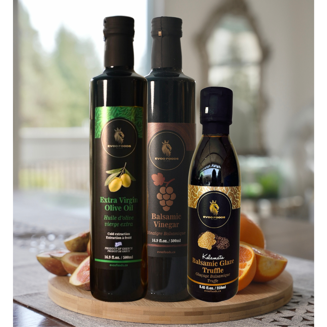 Trio Pack – EVOO Foods Extra Virgin Olive Oil, Balsamic Vinegar (500ml), & Balsamic Glazes (Choose from 6 Flavours)