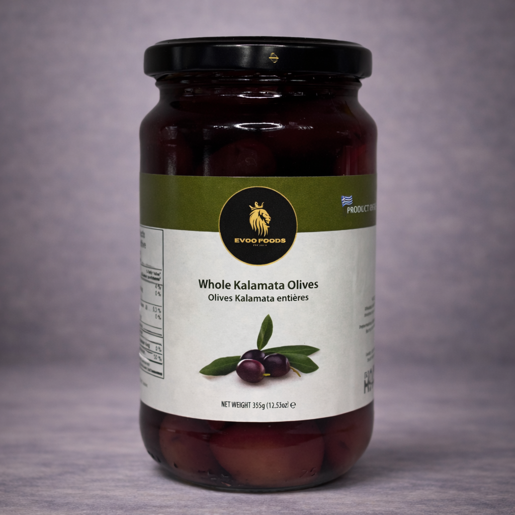 Jar of Whole Kalamata Olives with Evoo Foods label on a gray background