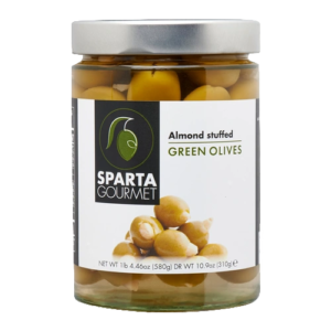 A jar of olives with green labels.