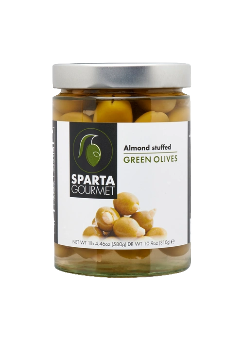 A jar of olives with green labels.