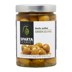 A jar of green olives with garlic stuffed.