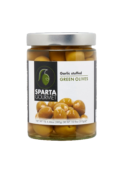 A jar of green olives with garlic stuffed.