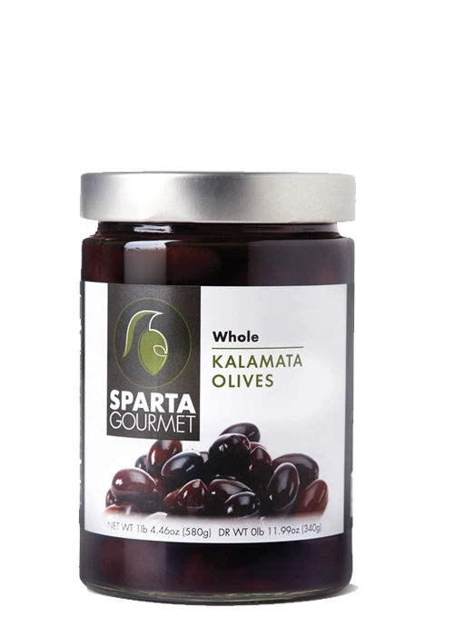 A jar of whole kalamata olives on a green background.