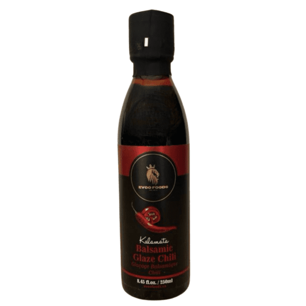 Kalamata balsamic glaze chili sauce bottle.