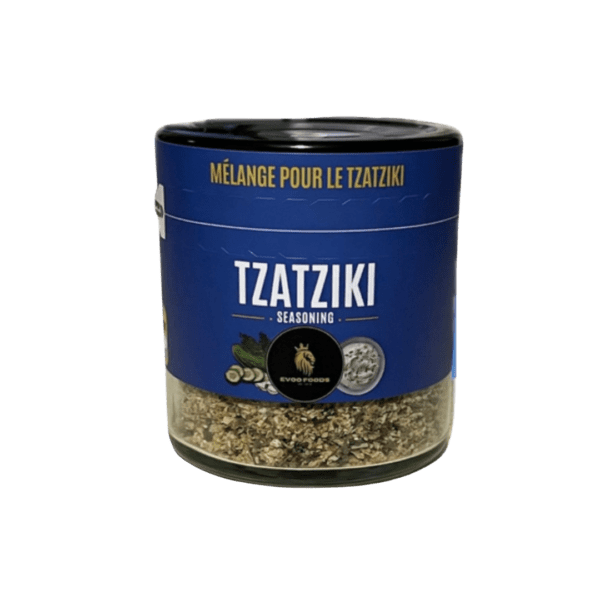 A jar of Tzatziki seasoning blend, featuring a mix of herbs and spices to create the perfect Greek-inspired dip.