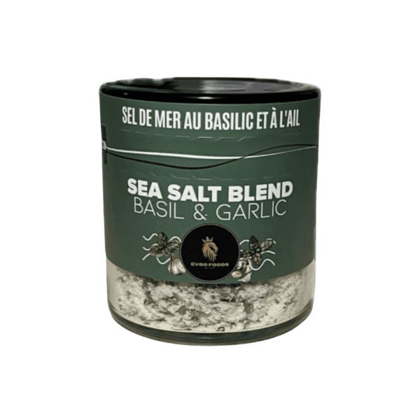 A 200g jar of Sea Salt Blend with aromatic basil and dried garlic, offering a rich, savory seasoning perfect for enhancing dishes.