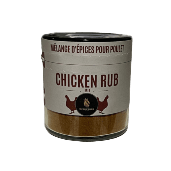 A jar of Chicken Rub Mix featuring a blend of premium spices and seasonings, perfect for grilling, roasting, or seasoning chicken dishes.