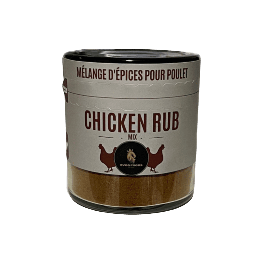 A jar of Chicken Rub Mix featuring a blend of premium spices and seasonings, perfect for grilling, roasting, or seasoning chicken dishes.