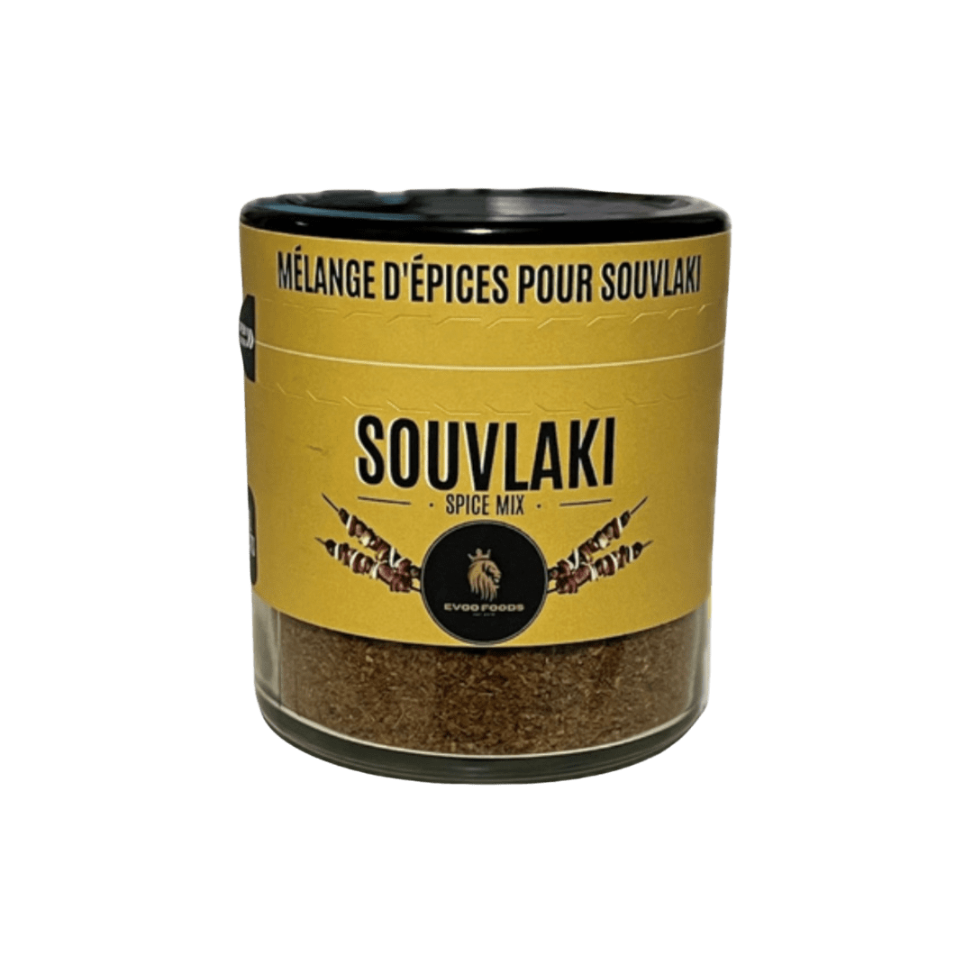 A 80g packet of Souvlaki Spice Mix, a blend of authentic Greek spices perfect for marinating and grilling meats for a delicious souvlaki experience.