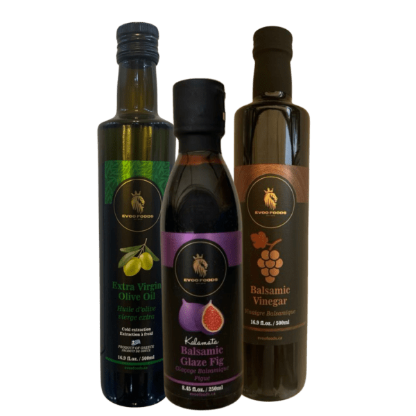 A Trio Pack of EVOO Foods Extra Virgin Olive Oil, Balsamic Vinegar (500ml), and six Balsamic Glaze flavors, all sourced from Greece. The set includes premium ingredients designed to elevate your cooking with rich, authentic flavors.